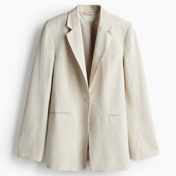 H&M Linen Blend Blazer- Neutral Lightweight Casual Workwear - Picture 3 of 9